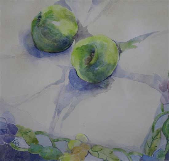 Esme Bartlett watercolour, Apples on Applique, monogrammed, R.I exhibition label verso 26 x 28cm